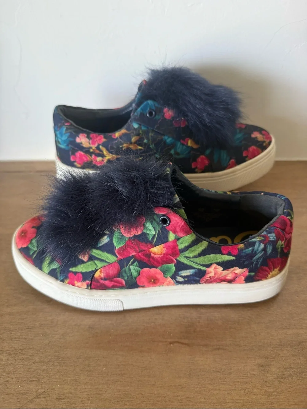 Sam Edelman Navy Floral Slip-Ons with Faux Fur Pom